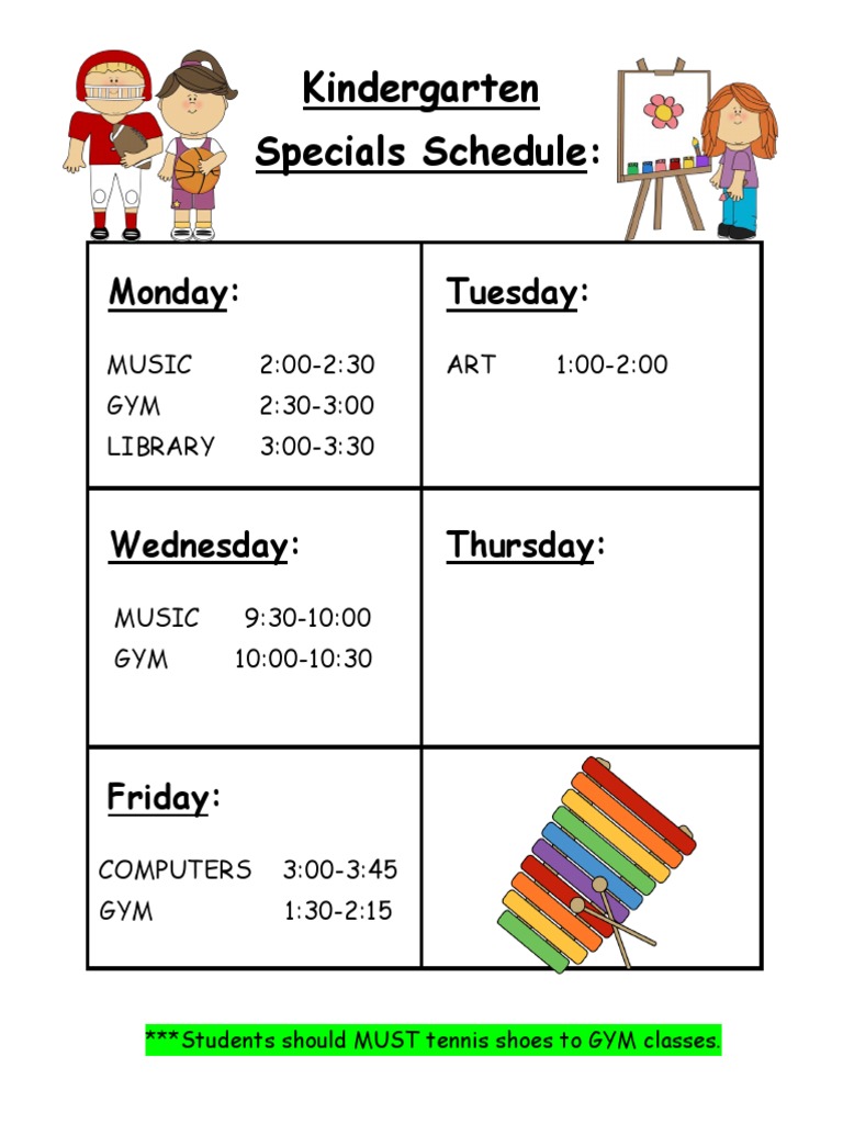 2017 Kindergarten Specials Schedule | PDF