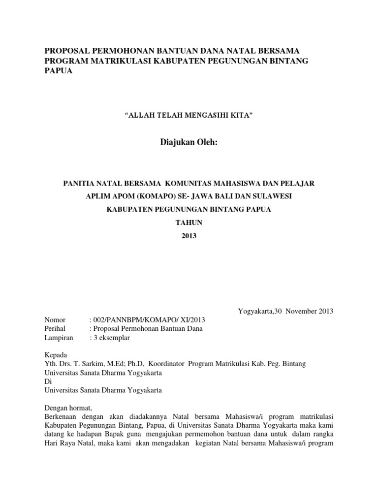 Proposal Permohonan Bantuan Dana Natal Bersama Program Matrikulasi Kabupaten Pegunungan Bintang Papua Pdf