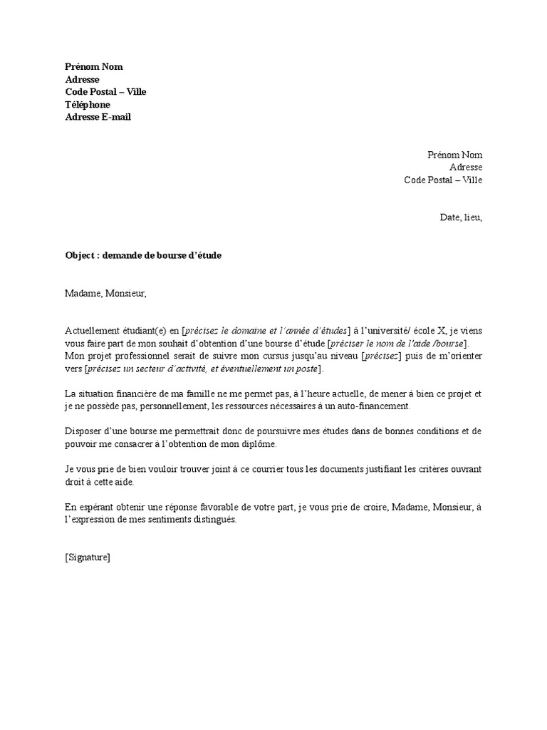 Lettre Demande Bourse Etude PDF