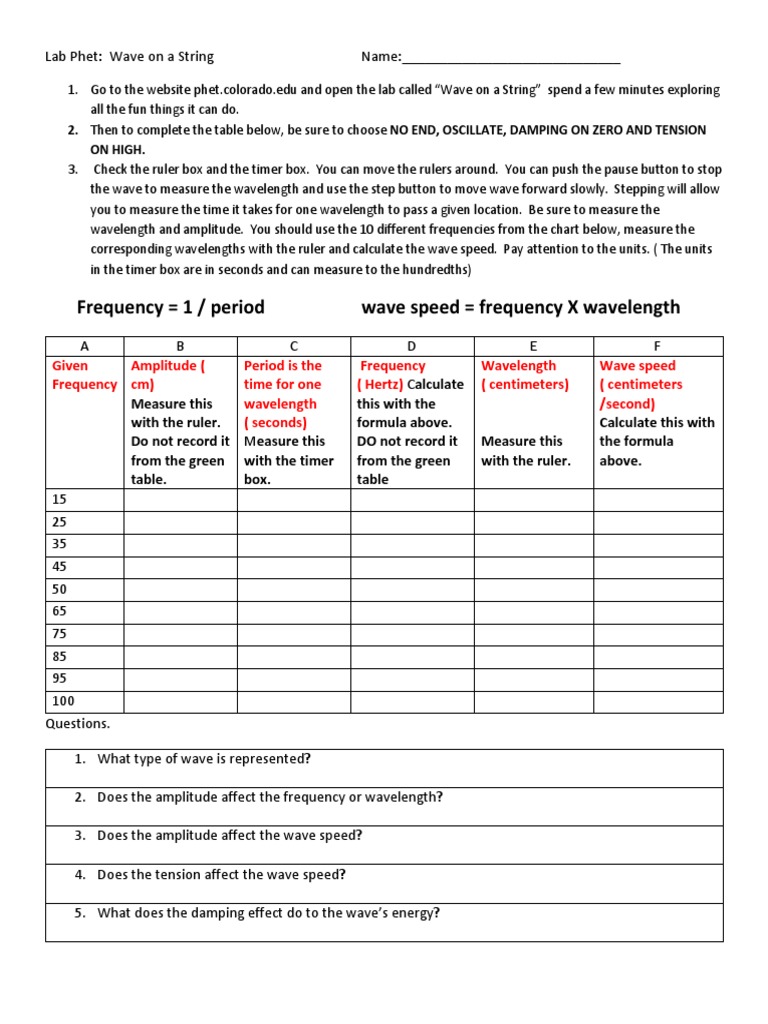 Phet Wave On String Lab PDF Frequency Wavelength
