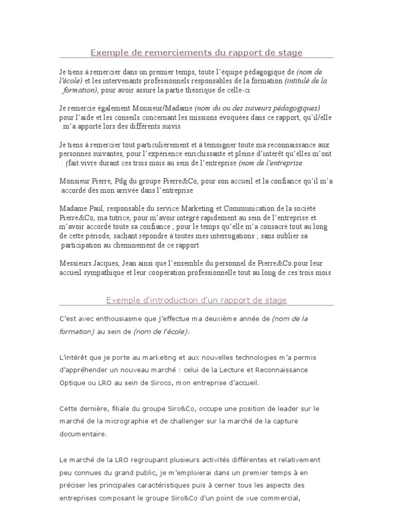 Exemple De Remerciements Du Rapport De Stage