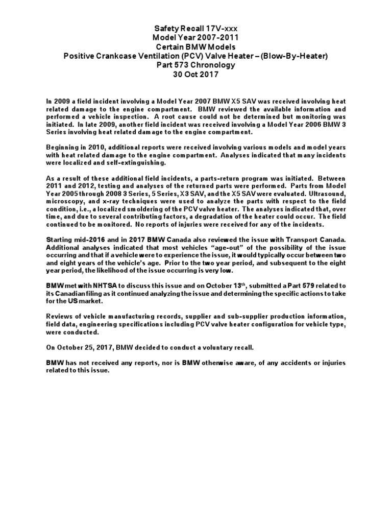 NHTSA Safety Recall Report PCV valve Bmw National Highway Traffic