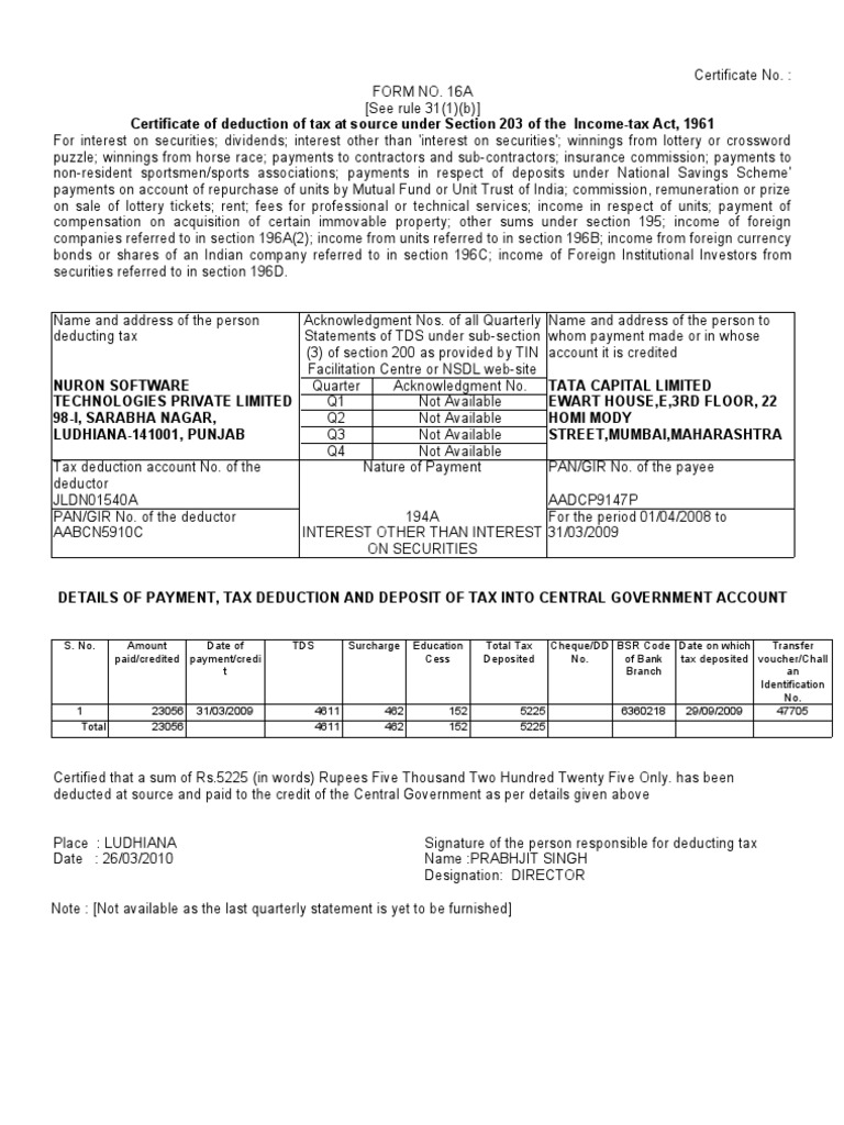 TDS Certificate Form 16A Details | PDF | Payments | Securities (Finance)