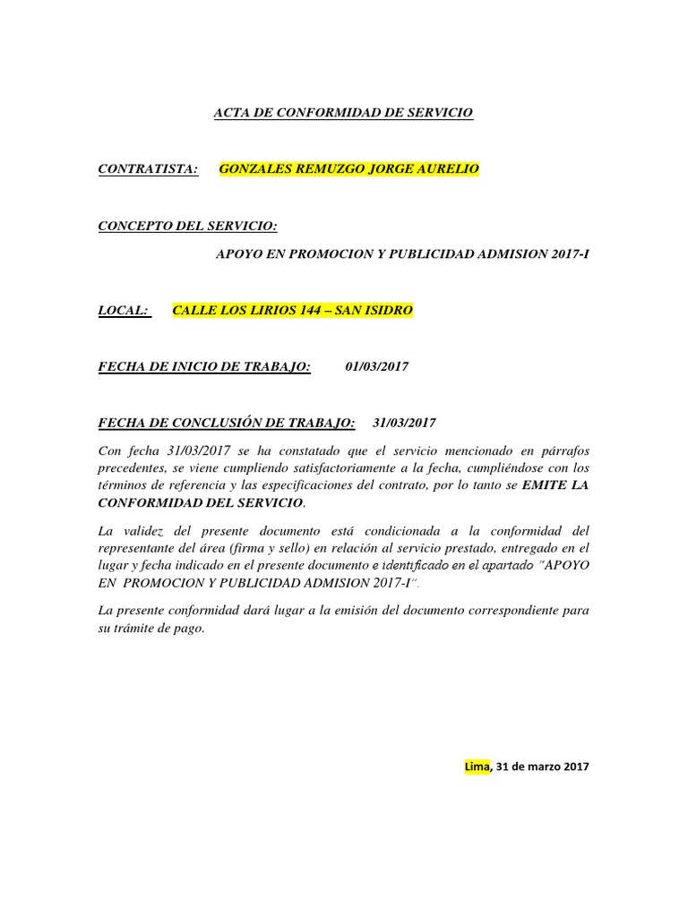 Modelo Acta de Conformidad de Servicio  Lima  Derecho 