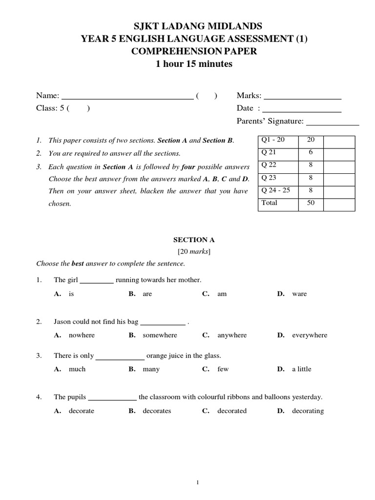Year 5 English Comprehension Assessment | PDF