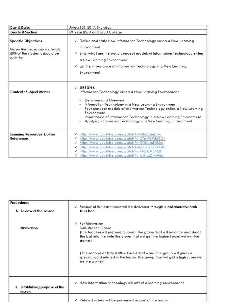 IT's Role in Learning Environment Lesson | PDF | Constructivism ...