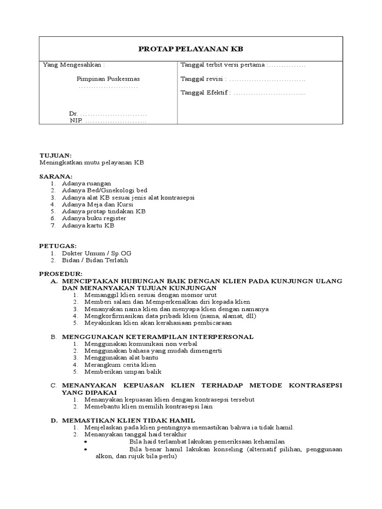 Protap Pelayanan KB di Puskesmas | PDF