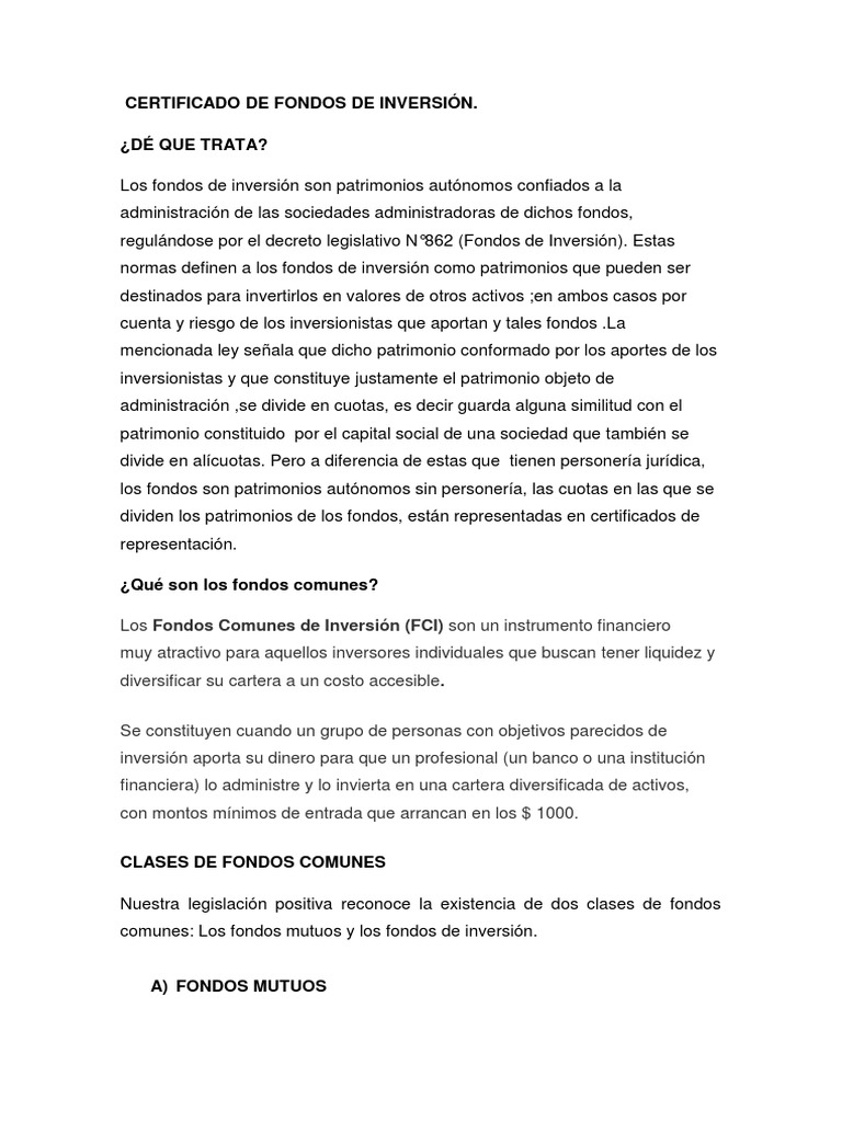 Certificado de Fondos de Inversión | PDF | Fondo de inversión | Inversiones