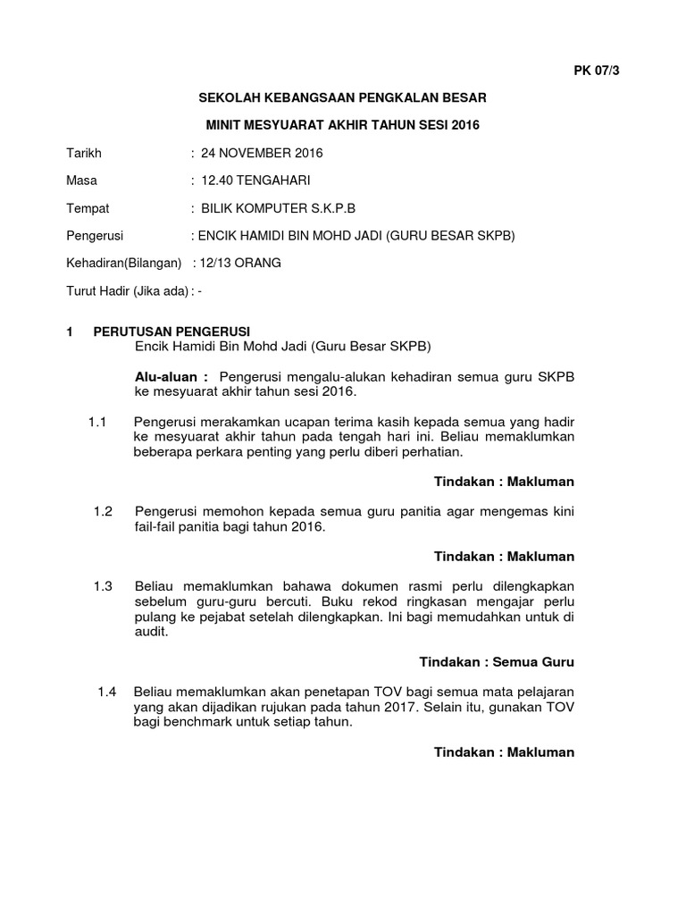 Minit Mesyuarat Akhir Tahun 2016