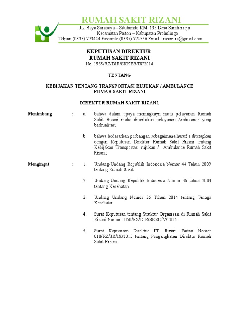 Kebijakan Pelayanan Ambulance RS Rizani | PDF