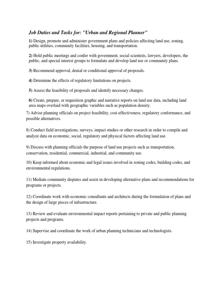 Job Duties and Tasks For "Urban and Regional Planner" PDF Zoning