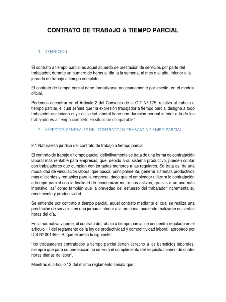 Contrato de Trabajo A Tiempo Parcial PDF Derecho laboral Tiempo