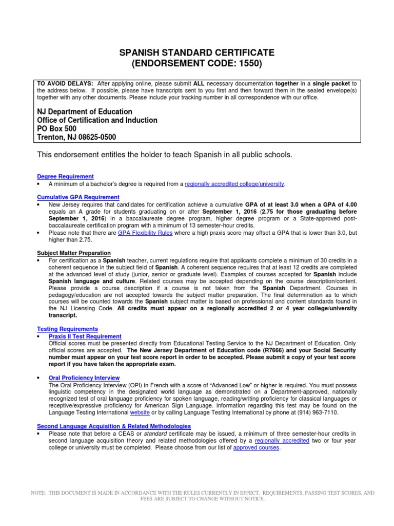 Spanish Standard Certificate (Endorsement Code 1550) PDF Academic