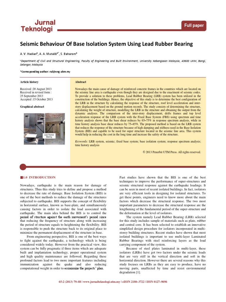 Jurnal Teknologi: Seismic Behaviour of Base Isolation System Using Lead ...