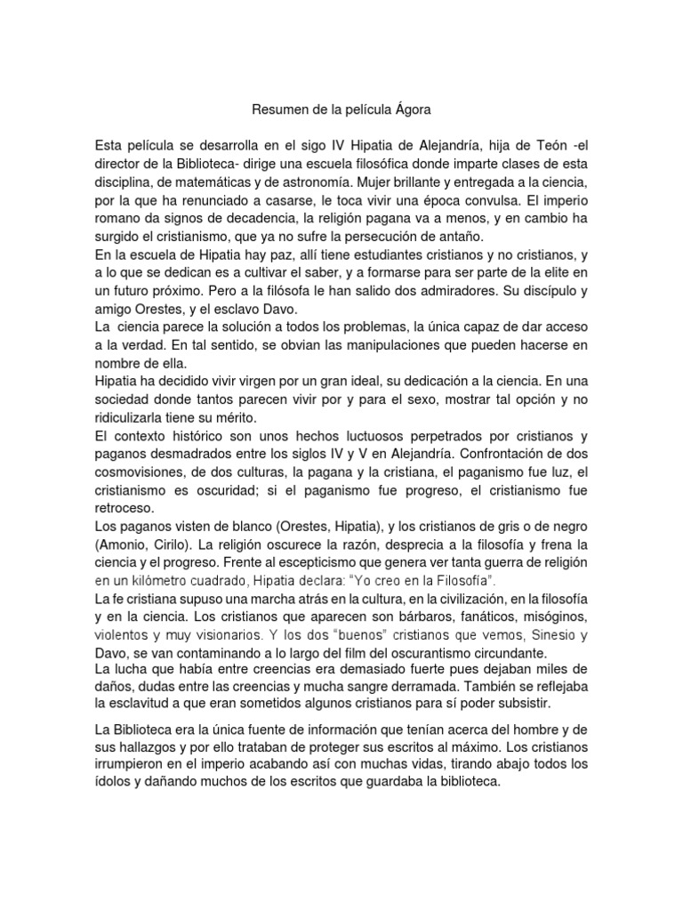 Resumen de La Película Ágora PDF Religión y creencia