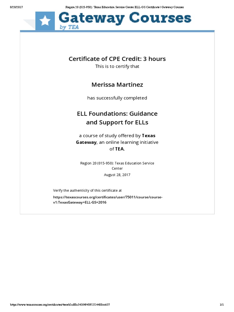 Texas ELL Foundations Course Certificate | PDF