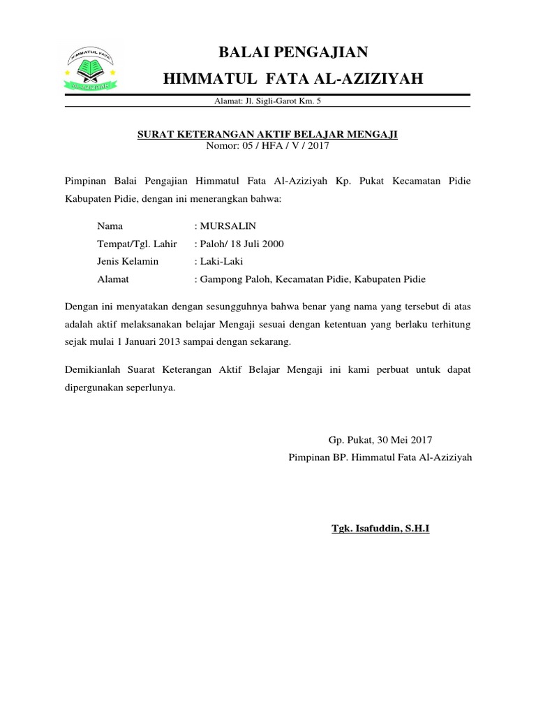 Surat Keterangan Aktif Belajar Mengaji Bp Himmatul Fata Kp Pukat
