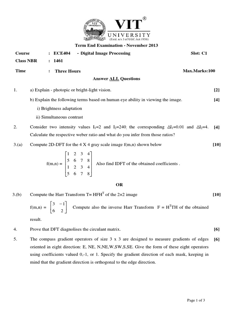VIT Image Processing Question Paper | PDF | Optical Resolution | Image ...