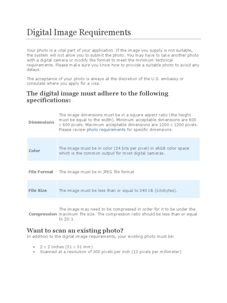 Digital Image Requirements for US Visa Applications | PDF