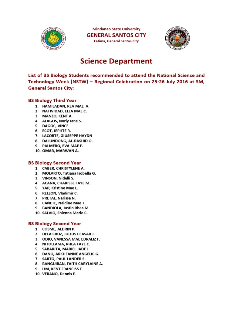 BS Biology Students for NSTW 2016 | PDF