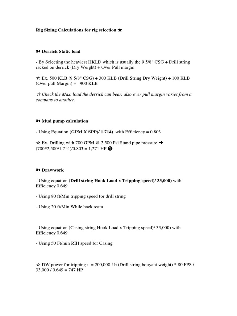 Rig Sizing Calculations Overview | PDF