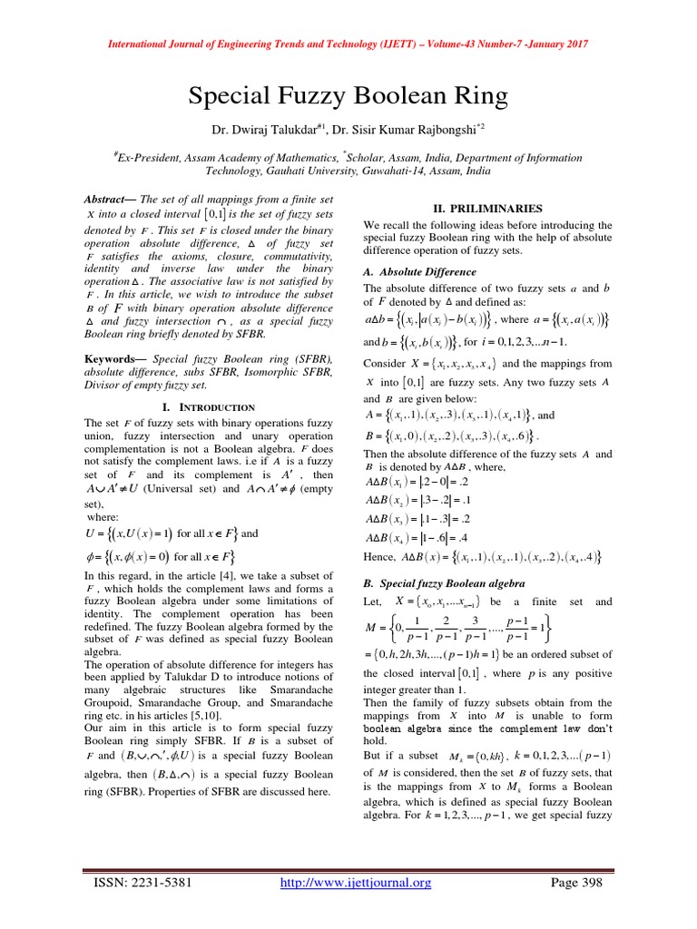 Special Fuzzy Boolean Ring PDF Boolean Algebra Teaching Mathematics