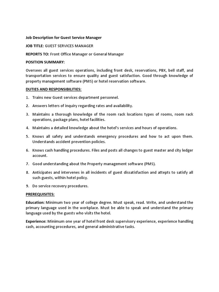 Job Description For Guest Service Manager