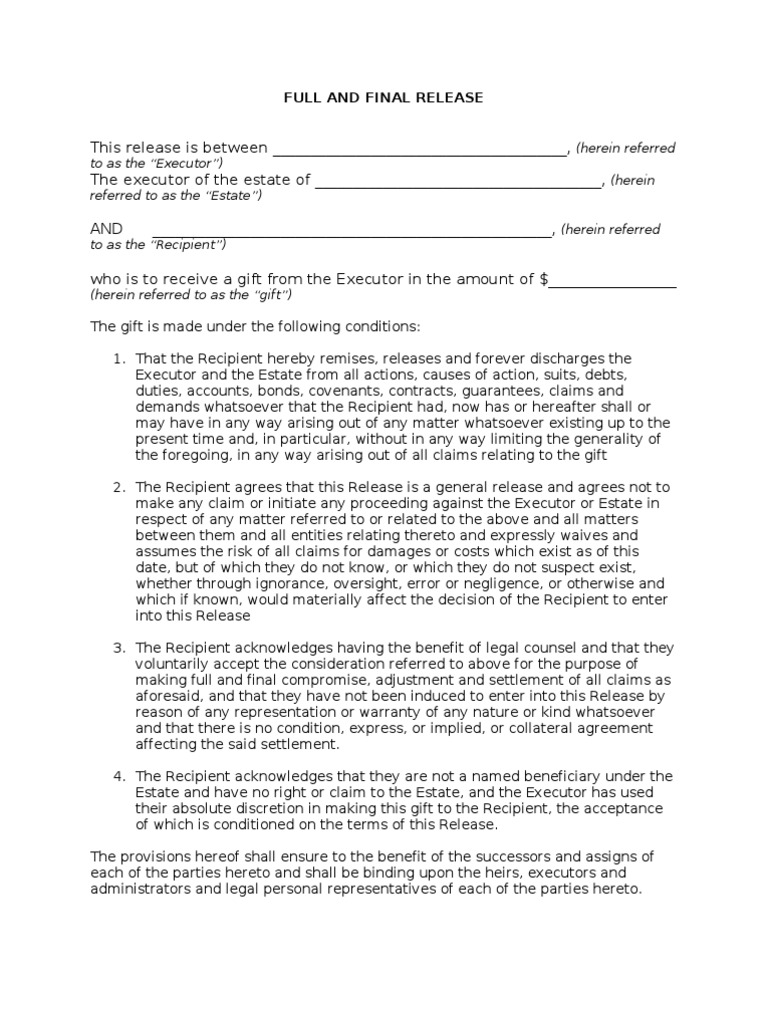 Full and Final Release Business Law Civil Law (Legal System)