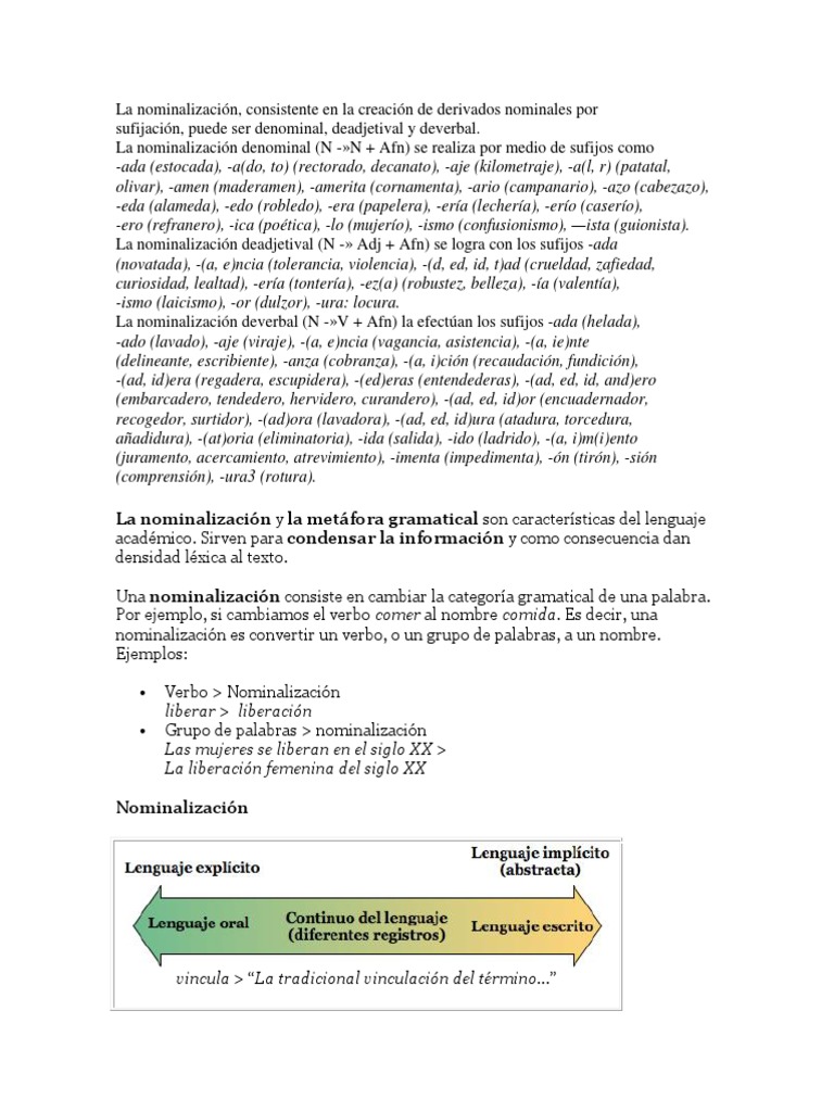 Nominalización: Definición y Ejemplos | PDF | Verbo | Lingüística
