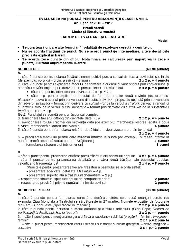 En Limba Romana Bar Model 2017 1 Pdf