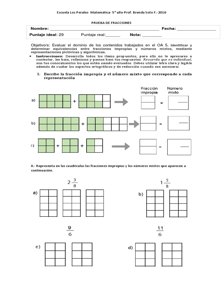PRUEBA de FRACCIONES, Numeros Mixtos e Impropias 5 básico. Fracción