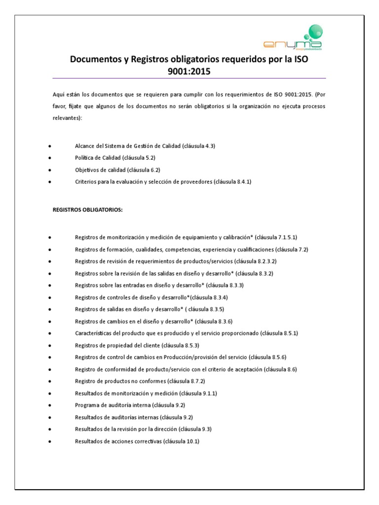 Documentos y Registros Obligatorios Requeridos Por La ISO 9001 | PDF ...