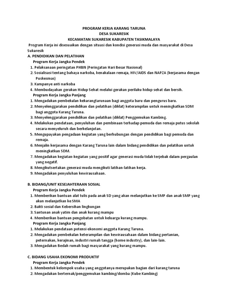 Program Kerja Karang Taruna Desa Sukaresik | PDF
