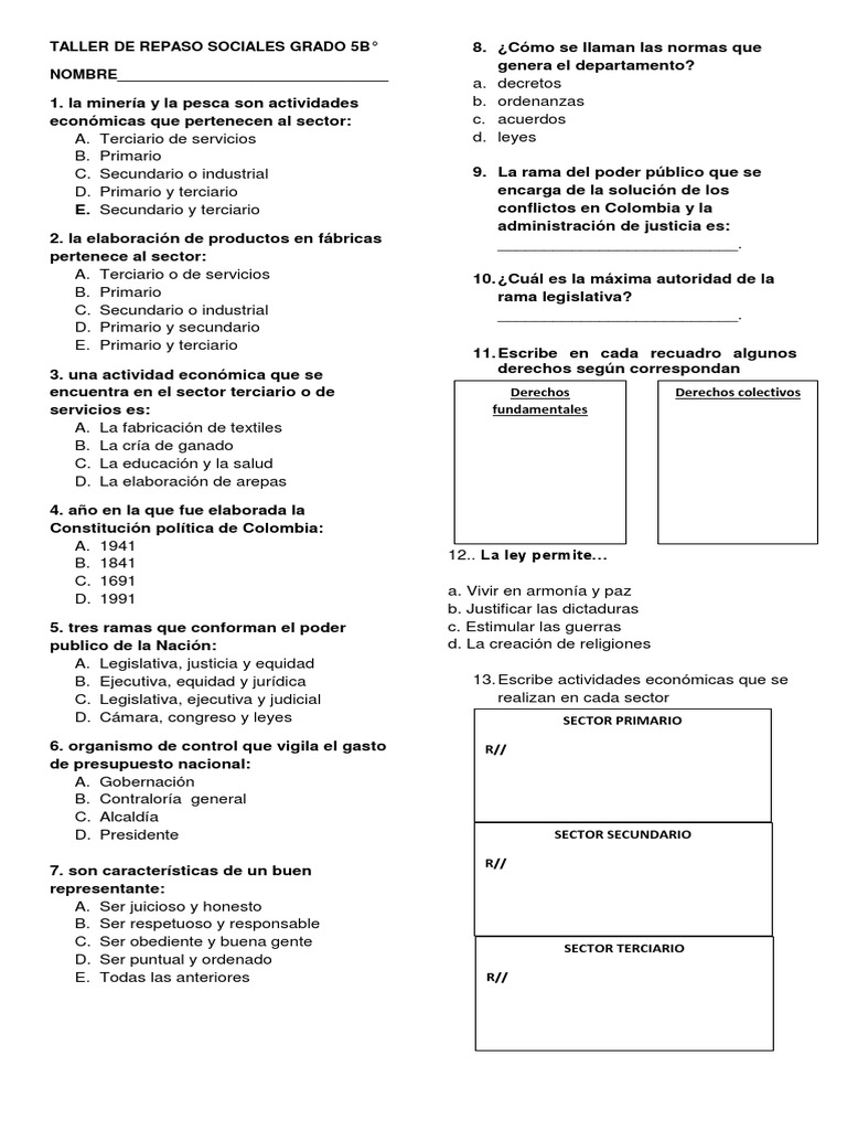 Taller de Repaso Sociales Grado 5 | Sector terciario de la economía ...
