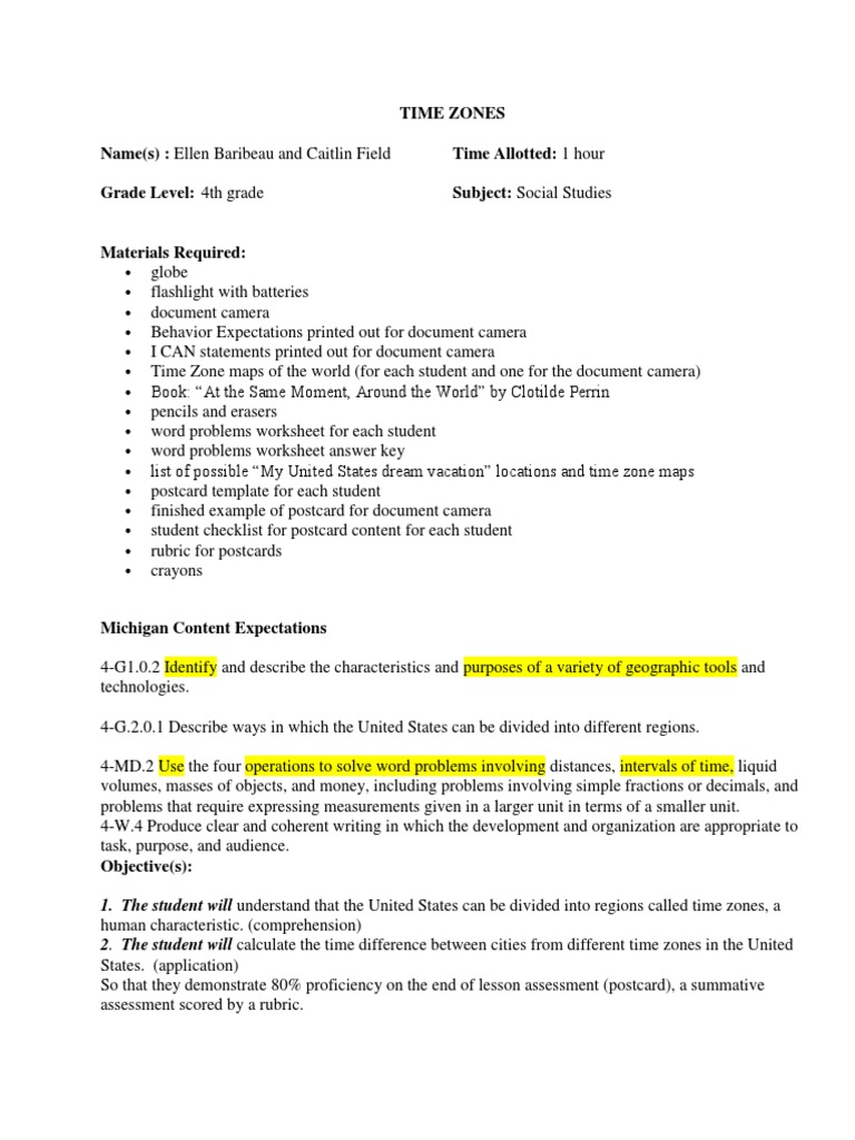 Time Zones Lesson Plan PDF Educational Assessment Rubric (Academic)