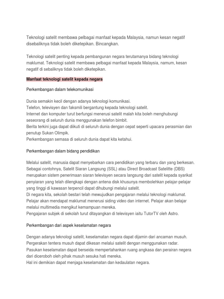 Teknologi Satelit Membawa Pelbagai Manfaat Kepada Malaysia Pdf