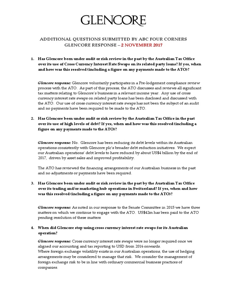 Statement From Glencore Additional Questions Glencore Swap - 