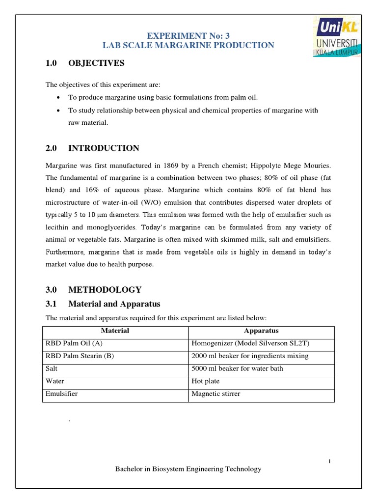 Lab Scale Margarine Production Process | PDF | Margarine | Emulsion