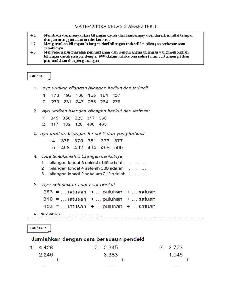 Matematika Kelas 2 Semester 1 Penjumlahan Pengurangan Perkalian
