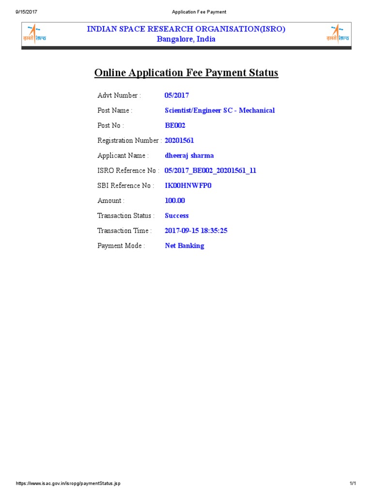 Online Application Fee Payment Status: Indian Space Research ...