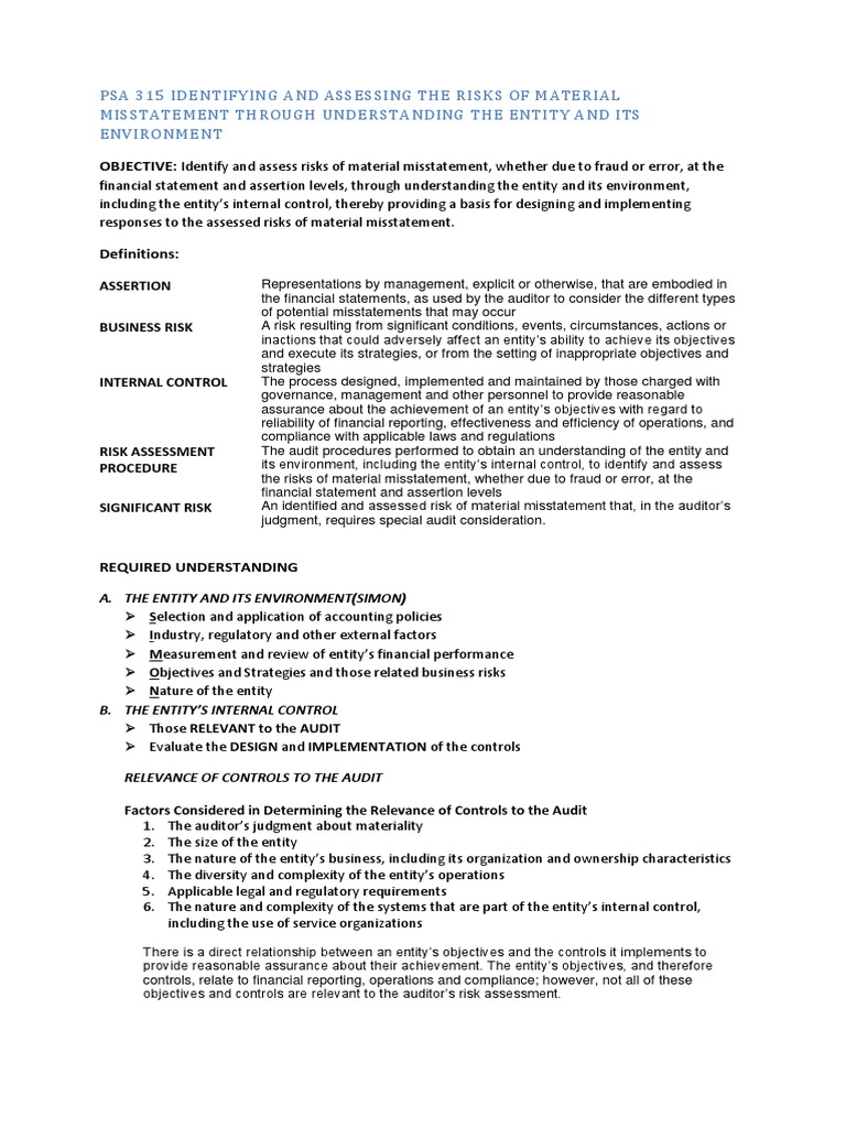 PSA 315 Risk Assessment Overview | PDF | Internal Control | Risk