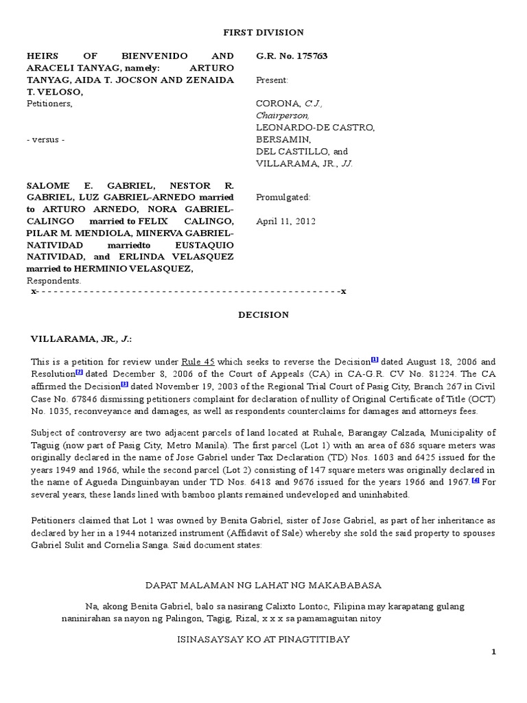 Land Ownership Dispute: Tanyag vs. Gabriel | PDF | Eminent Domain ...