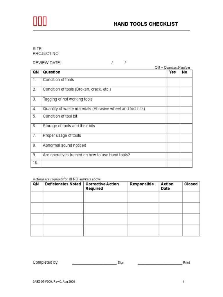 Hand Tools Checklist QN Question Yes No PDF