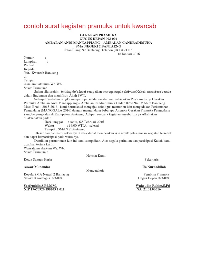 Contoh Surat Kegiatan Pramuka Untuk Kwarcab PDF