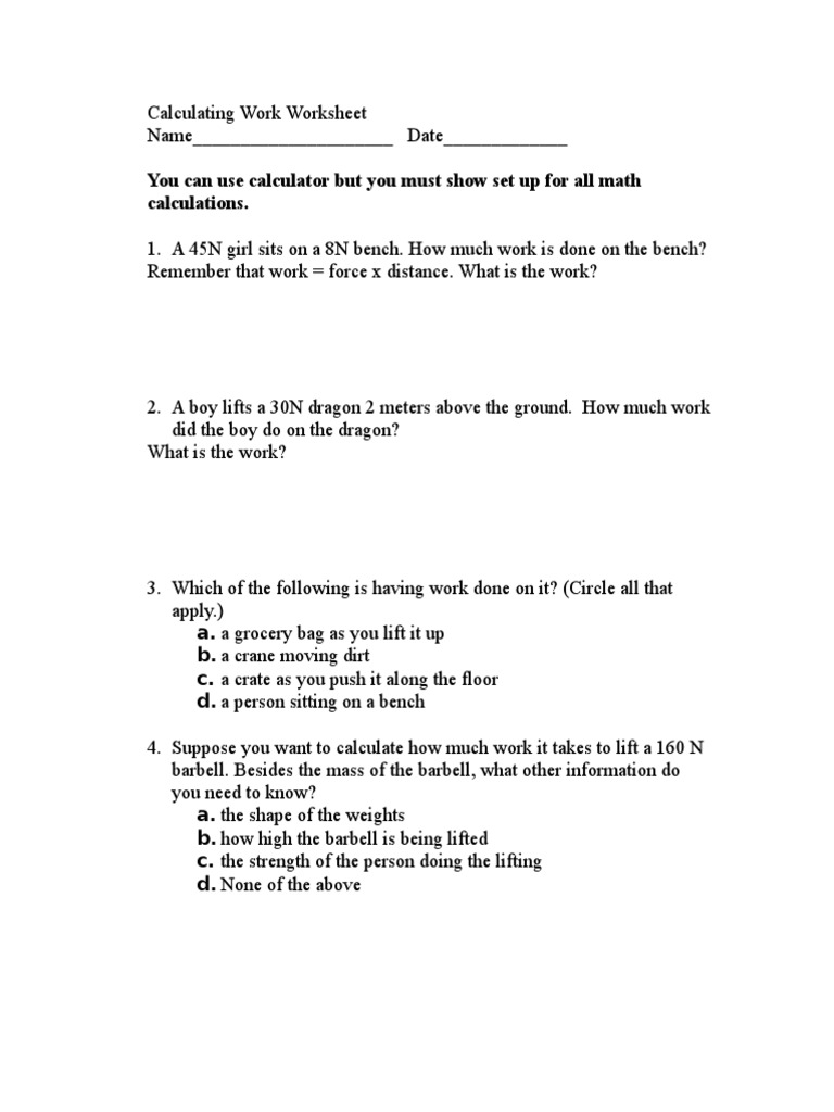 Calculating Work Wksht 2 1 2 1