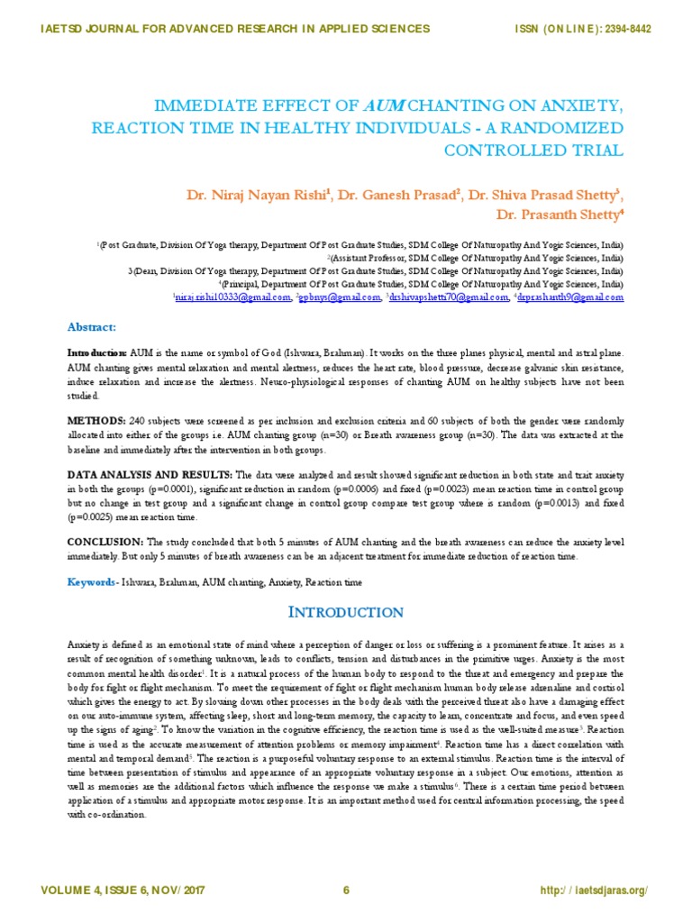 Immediate Effect Of Aum Chanting On Anxiety Reaction Time In Healthy Individuals A Randomized Controlled Trial Cingulate Cortex Fight Or Flight Response