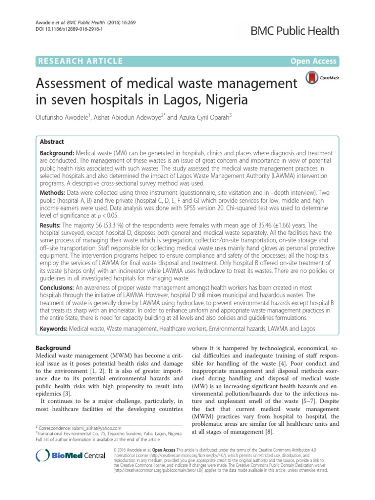 Assessment of Medical Waste Management in Seven Hospitals in Lagos