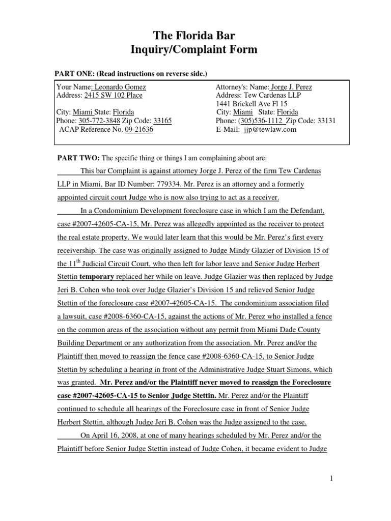 Gomez FL Bar Complaint v. Perez Summary Judgment Judgment (Law