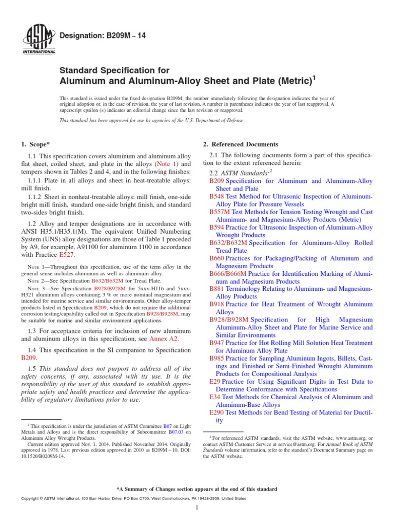 B209M ASTM Aluminum Standards Specification (Technical Standard