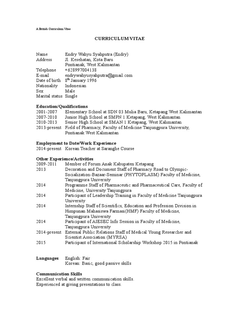 British CV of Endry Wahyu Syahputra | PDF